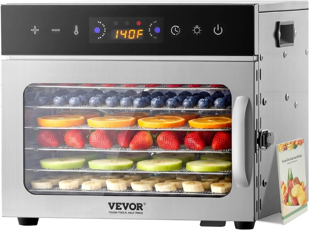 VEVOR Odwadniacz żywności 6 tacek ze stali nierdzewnej, elektryczna suszarka do żywności 400 W regulowana temperatura zegara, liofilizator do suszonego mięsa, owoców, warzyw, ziół