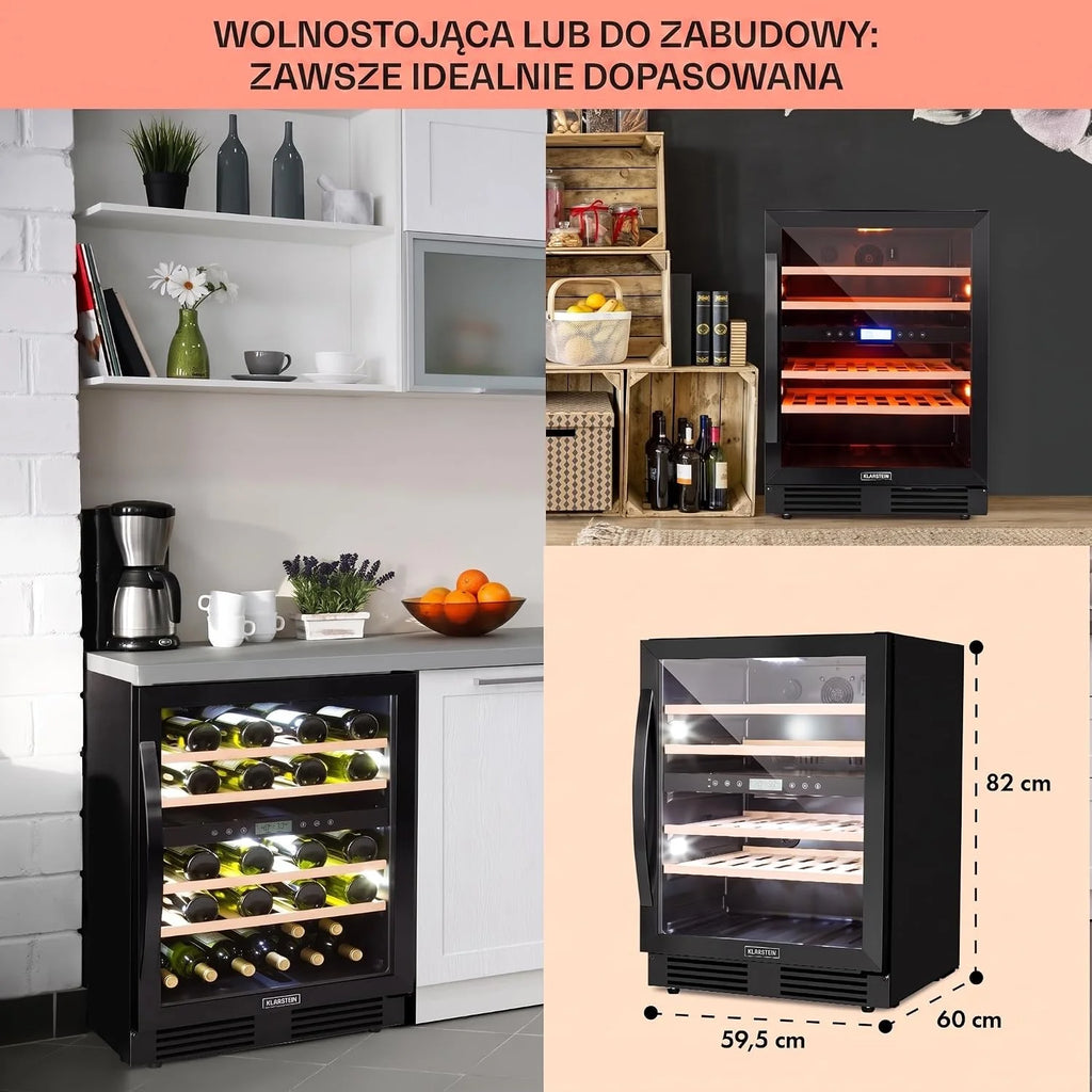 Klarstein Vinovilla chłodziarka do wina do zabudowy, dwustrefowa winiarka ze szklanymi drzwiami, 129 l, 4 wyjmowane drewniane półki, oświetlenie LED w 3 kolorach, cichy silnik 44 dB, 43 butelki