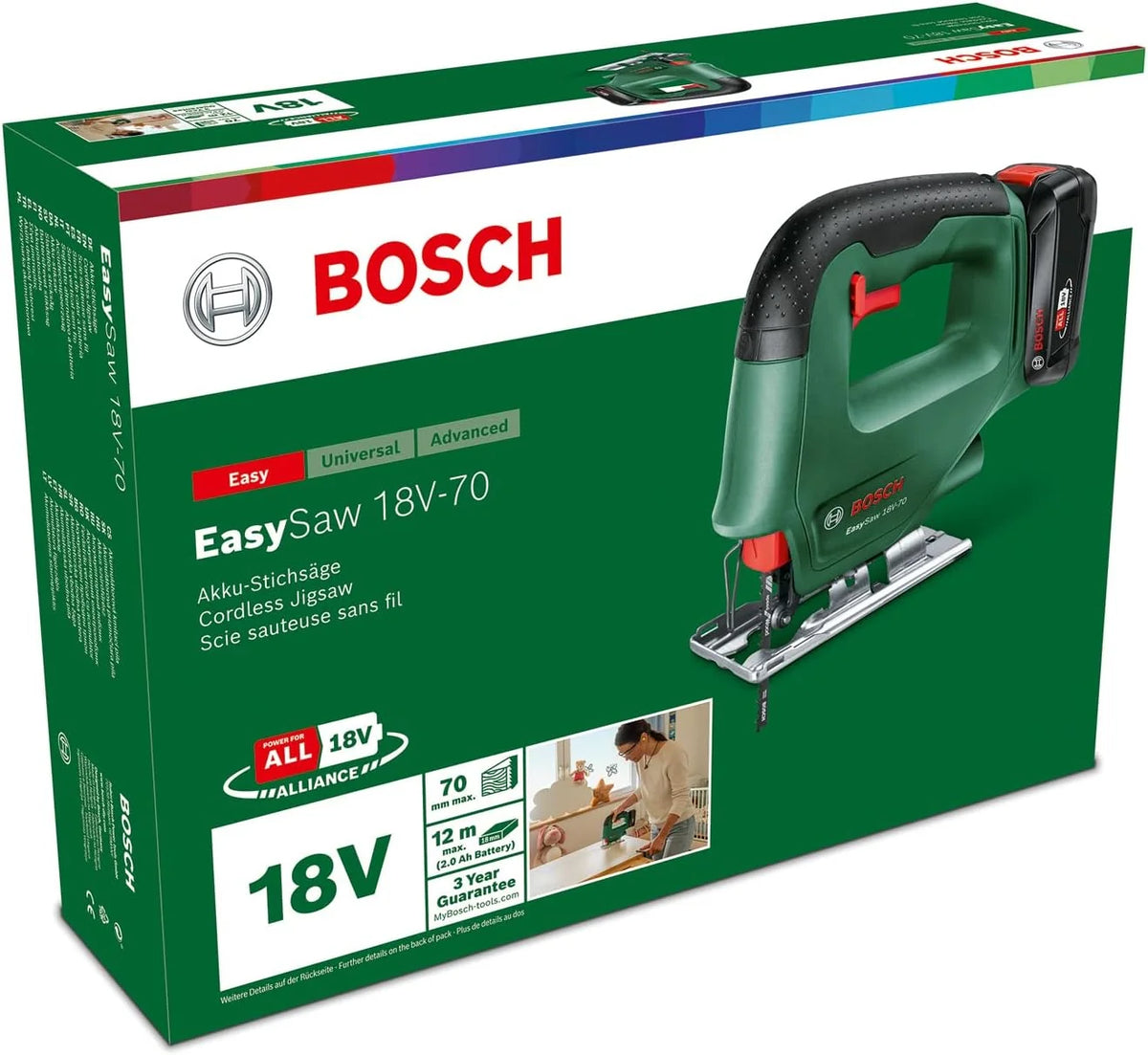 Bosch EasySaw akumulatorowa wyrzynarka 18V-70 (akumulator 2,0 Ah, system 18 V, z 1 brzeszczotem do wyrzynarki, ładowarka AL 18 V-20, w kartonie)