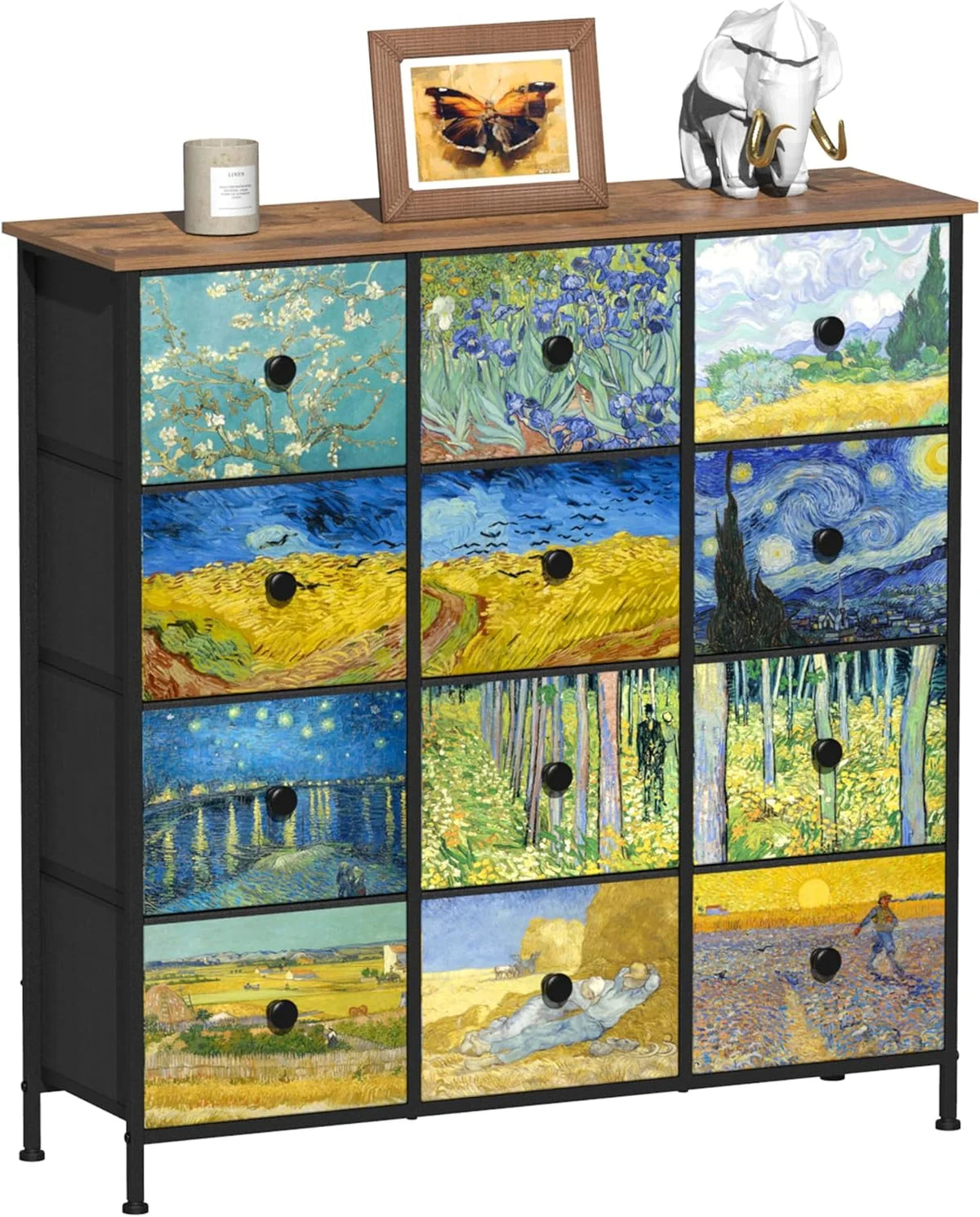 VEDECASA - Wąska, wysoka komoda z 12 szufladami, motyw Van Gogh, do pokoju dziecięcego, salonu, korytarza, sypialni, biura, struktura metalowa i panel drewniany