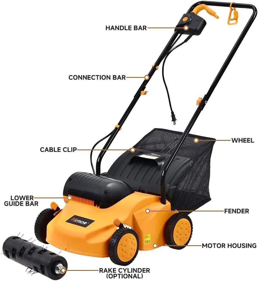 Hoteche Elektryczny wertykulator 1300 W, szerokość robocza 2500 obr./min, 320 mm, pojemnik na trawę 35 l, pomarańczowo-czarny, kolorowe pudełko
