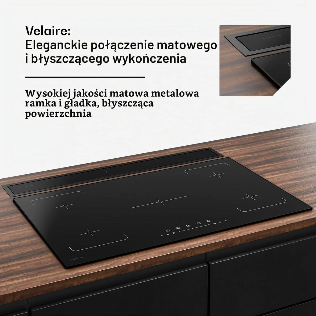 Klarstein Velaire Okap kuchenny 90 cm - A++ Downdraft, przepływ powietrza 906 m³/h, obsługa dotykowa, LED, cichy, filtr nadaje się do mycia w zmywarce, okap kuchenny 90 cm
