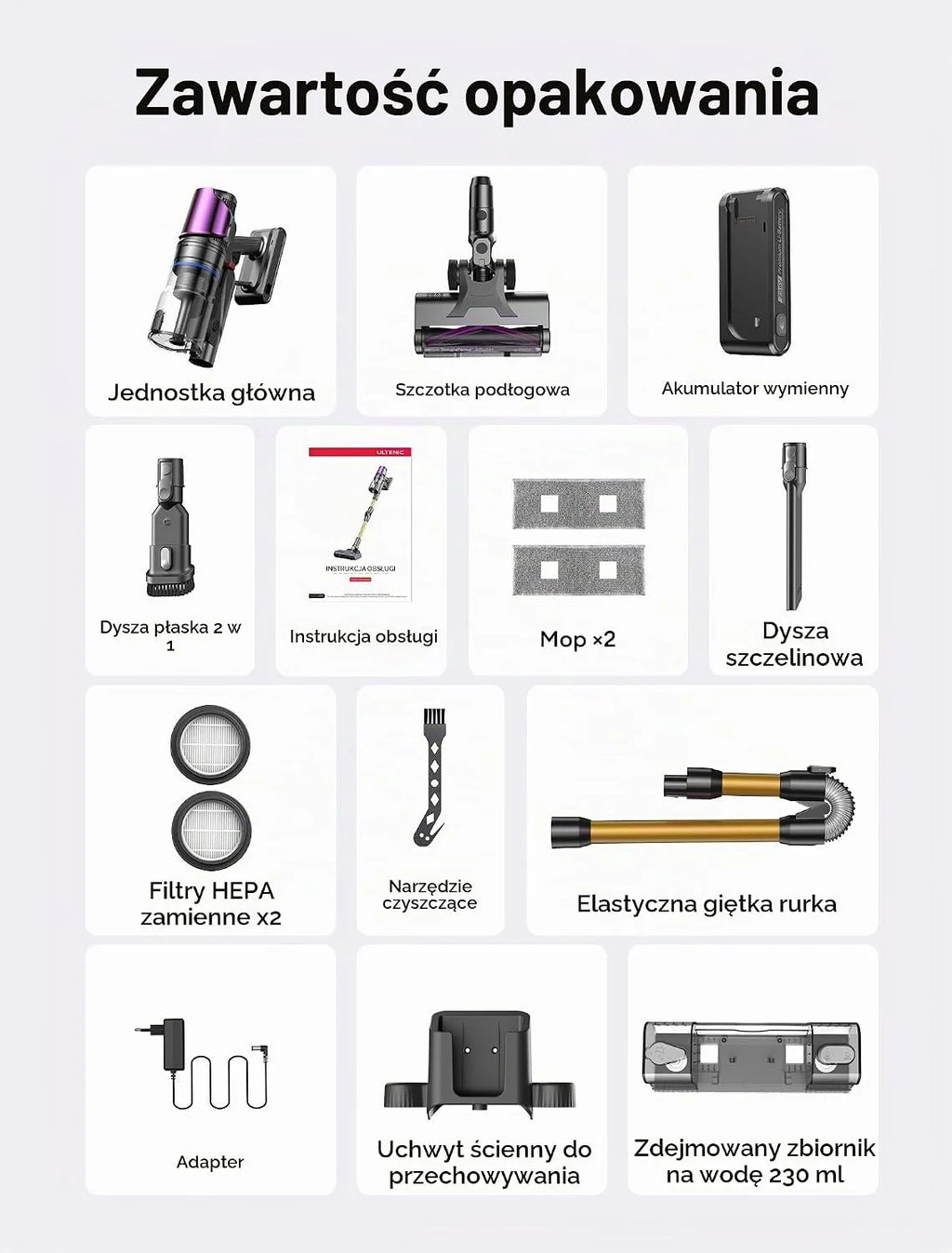 Ultenic U20 Mopper Bezprzewodowy Odkurzacz Myjący 2 w 1, 60kPa, Zbiornik Wody 230ml, Technologia GreenEye, Szczotka Anti-Tangle, Rurka Składana, 60 min, Filtr HEPA H13, do Sierści Zwierząt