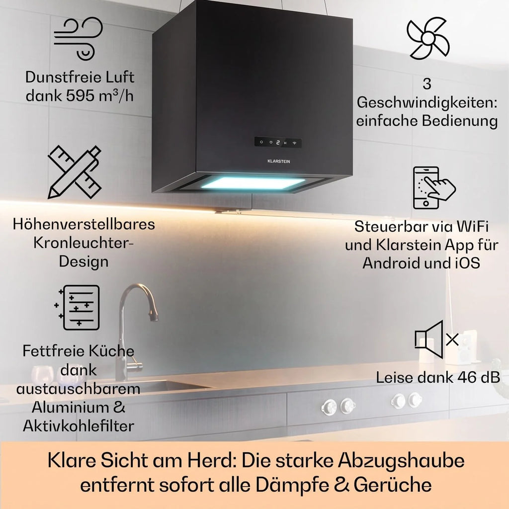 Klarstein Okap, Okap wyspowy wiszący, wyciągowy/z recyrkulacją do montażu sufitowego, Nowoczesny z 3 biegami, Przepływ 595m³/h i sterowanie aplikacją, wyspowy sufitowy
