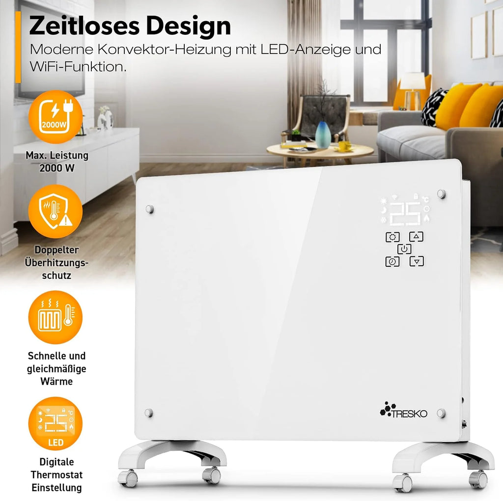 TRESKO® Szklany konwektor 2000 W, aplikacja WiFi, ogrzewanie elektryczne, ogrzewanie szklane, grzejnik konwektorowy, grzejnik LED i timer, grzejnik elektryczny, ogrzewanie stojące lub ścienne