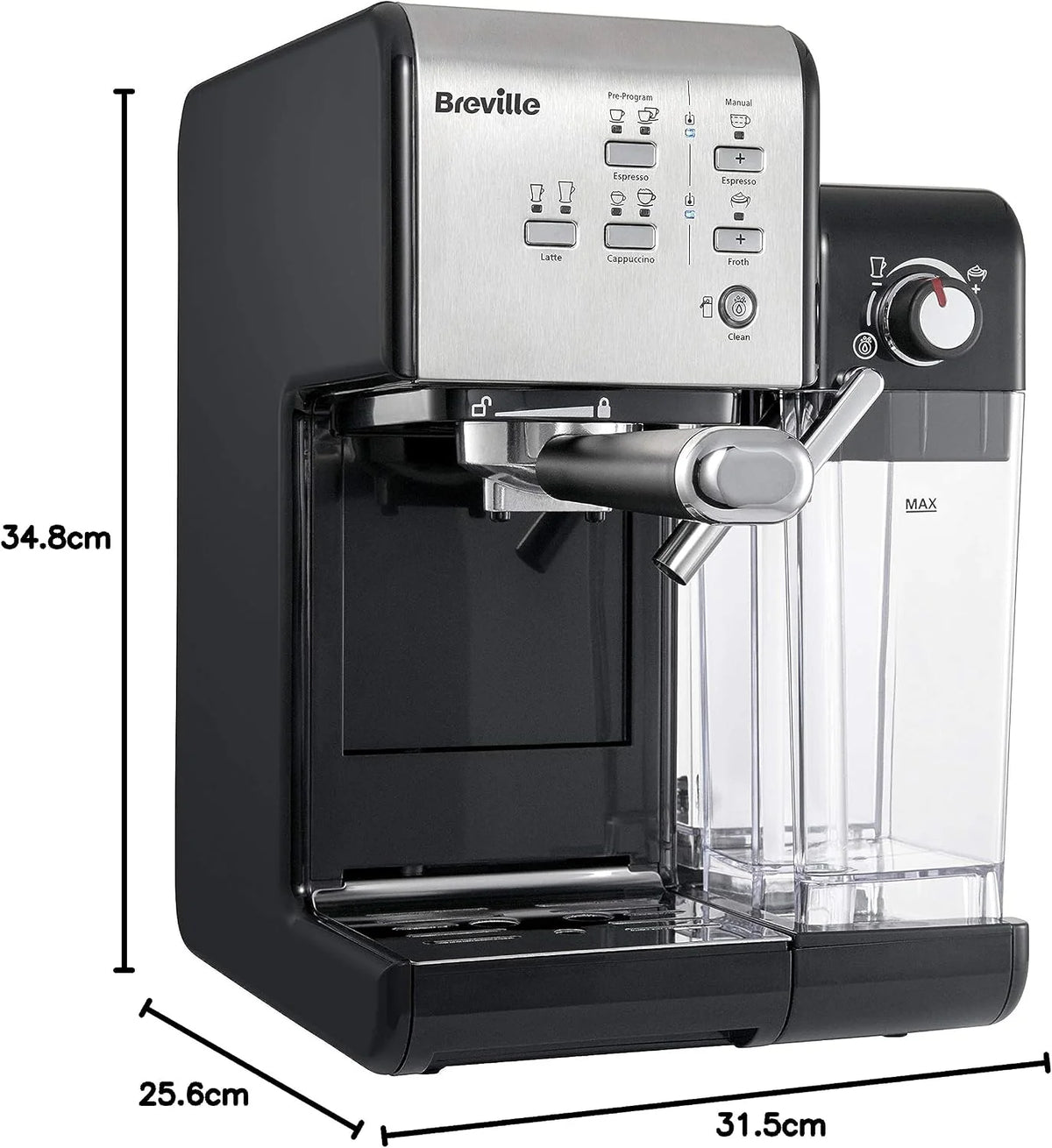 Breville Ekspres do kawy Kolbowy PrimaLatte II VCF108X, 19 Bar, Zintegrowany automatyczny spieniacz do mleka, wyjmowany pojemnik na mleko, Srebrny