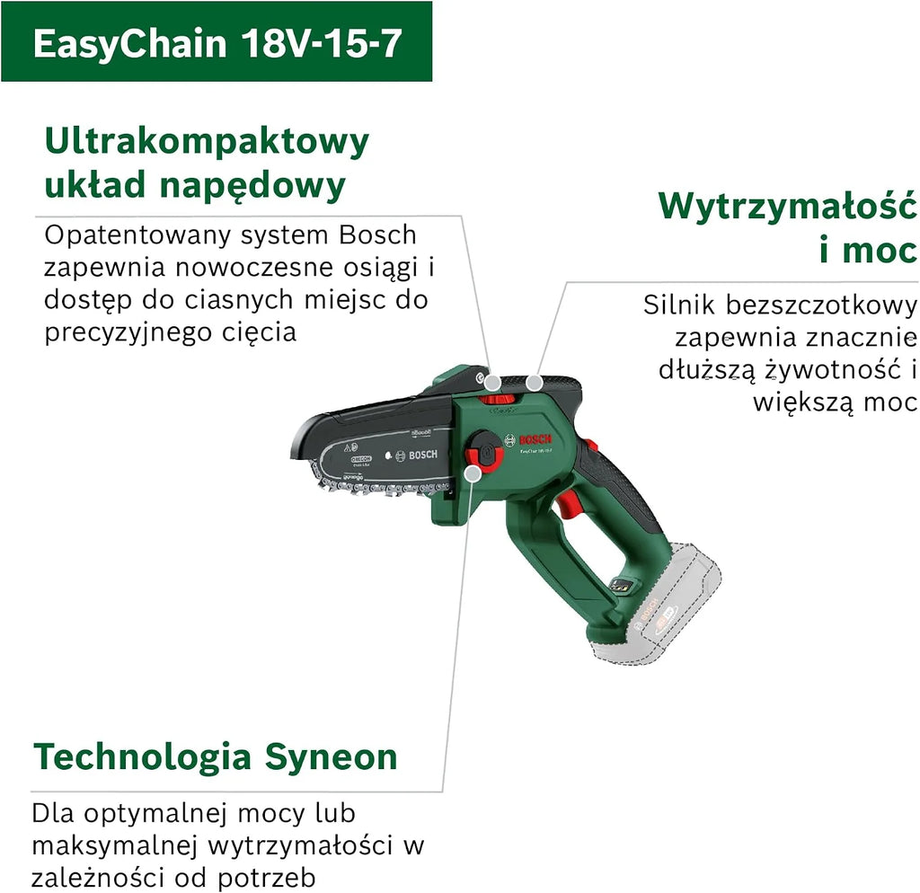 Bosch Mini piła łańcuchowa EasyChain 18V-15-7, do cięcia drewna, system 18V, prędkość łańcucha: 6,95 m/s, bez akumulatora