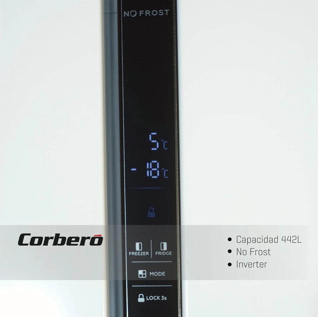Corberó - Amerykańska lodówka | CFSBSH634NFW | 442L | 186 cm | No Frost | Inwerter | Wyświetlacz | Światło LED | 2 szuflady | Funkcja ECO | Półki szklane | Srebrny wykończenia | biały