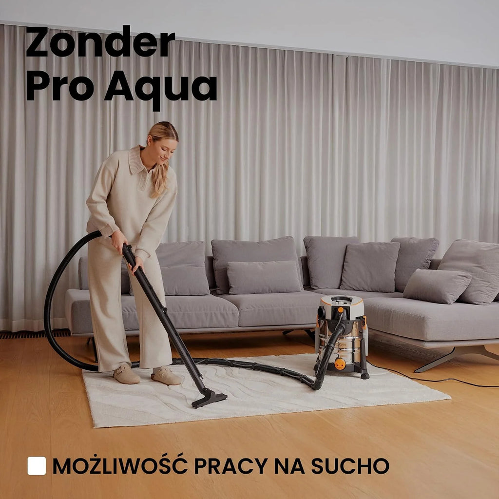 ZEEGMA ZONDER PRO AQUA Odkurzacz Piorący do Pracy na Mokro i Sucho 1400W, do Dywanów Samochodu Tapicerki Schodów, Zbiornik na Wodę Czystą 4 L, Zestaw Filtrów oraz Ssawek Piorących