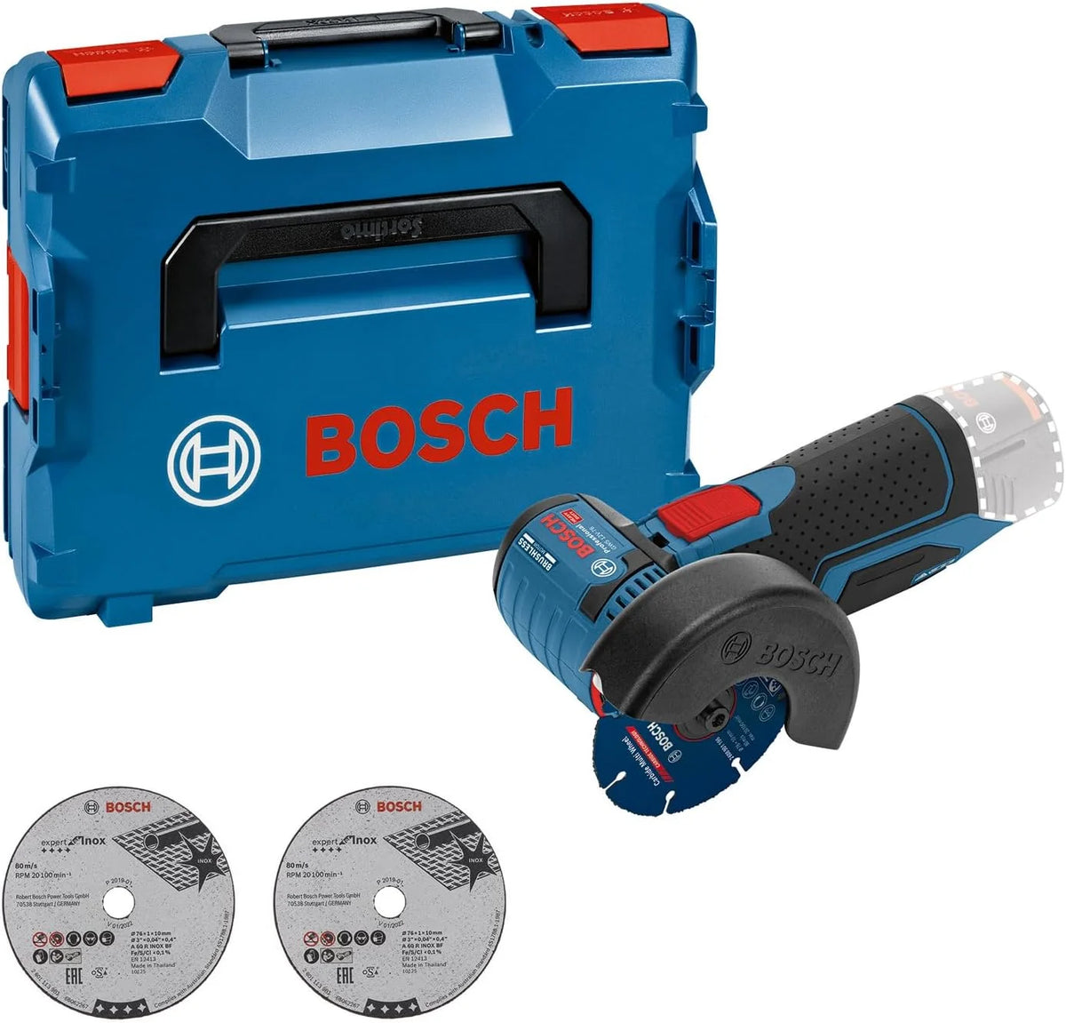 Bosch Professional system 12V: akumulatorowa szlifierka kątowa GWS 12V-76 (3 tarcze tnące, Ø tarczy: 76 mm, walizka L-BOXX)