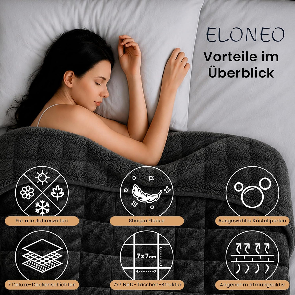 ELONEO koc obciążeniowy Sherpa Fleece 200x200 cm z 9 kg, certyfikowany Oeko-Tex, koc obciążeniowy, koc relaksacyjny i koc przeciwstresowy, czarny
