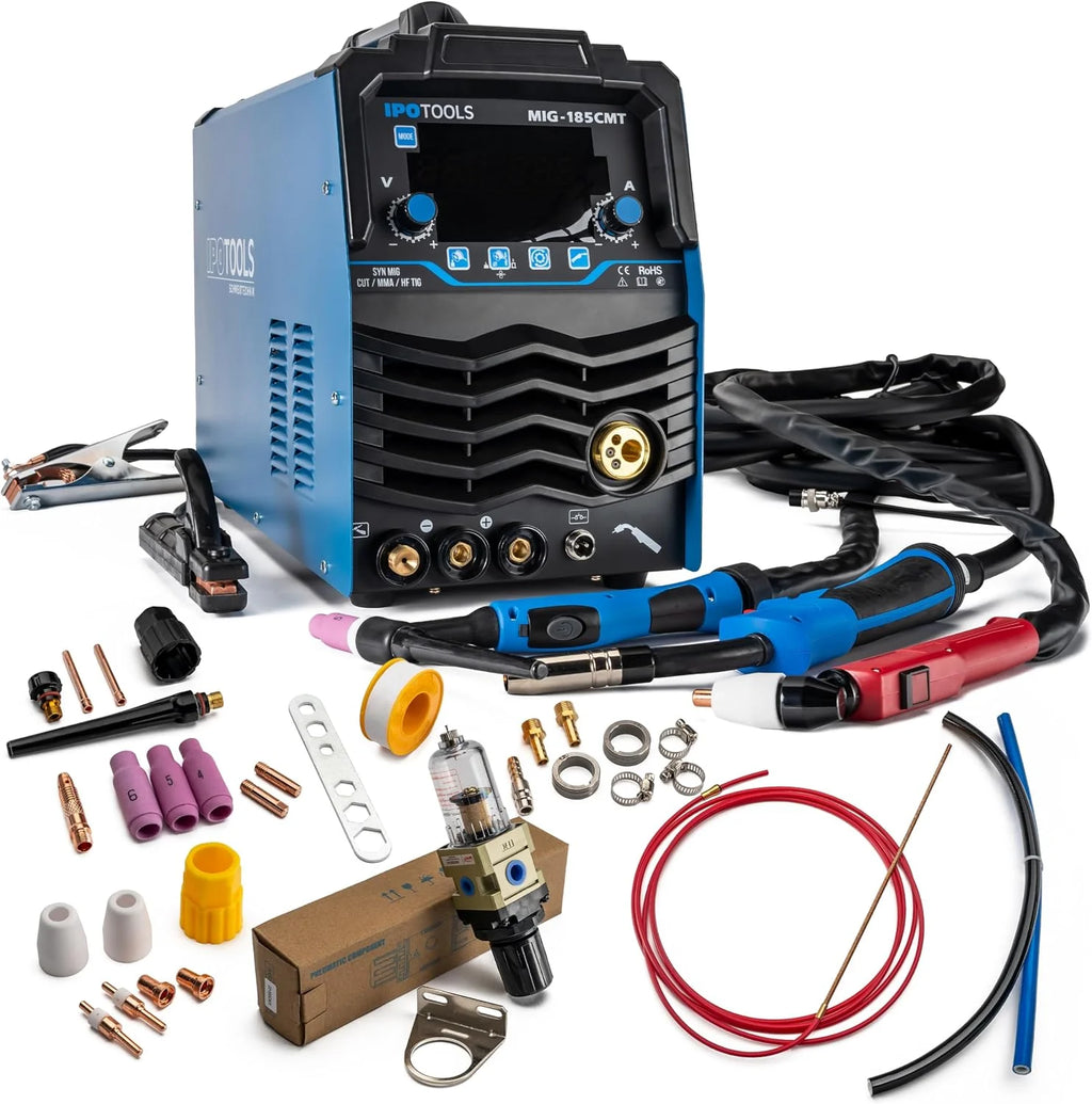 IPOTOOLS Spawarka kombinowana MIG-185CMT 7 w 1 WIG MIG MAG spawarka z przecinarką plazmową 45 A Synergic Inverter spawarka z 185 A z Flux, MMA | 230 V | 7 lat