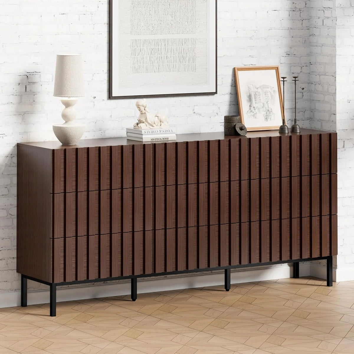 UEV Komoda z 9 szufladami 150 cm, wąska komoda, duża przestrzeń do przechowywania, szafa z dużym sufitem, do salonu, sypialni, biura, metalowych nóżek, 150 x 34 x 72 cm, orzech