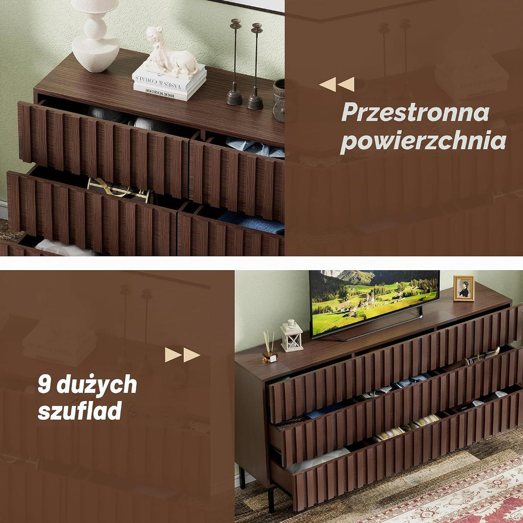 UEV Komoda z 9 szufladami 150 cm, wąska komoda, duża przestrzeń do przechowywania, szafa z dużym sufitem, do salonu, sypialni, biura, metalowych nóżek, 150 x 34 x 72 cm, orzech