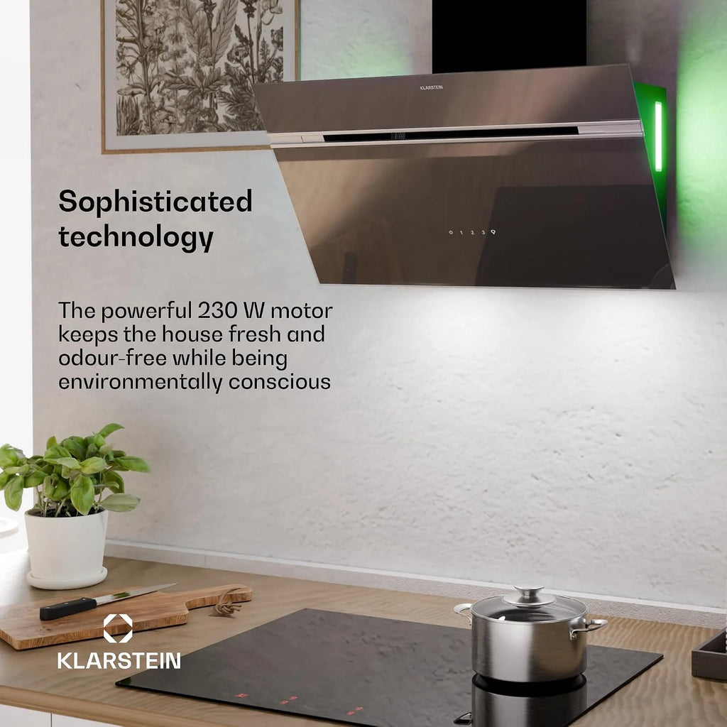 KLARSTEIN Alina Okap kuchenny 70 cm, okap ścienny, 540 m³/h, klasa A, okap LED, 3 poziomy, ekran dotykowy, 63 dB czarny, recyrkulacja i wydech