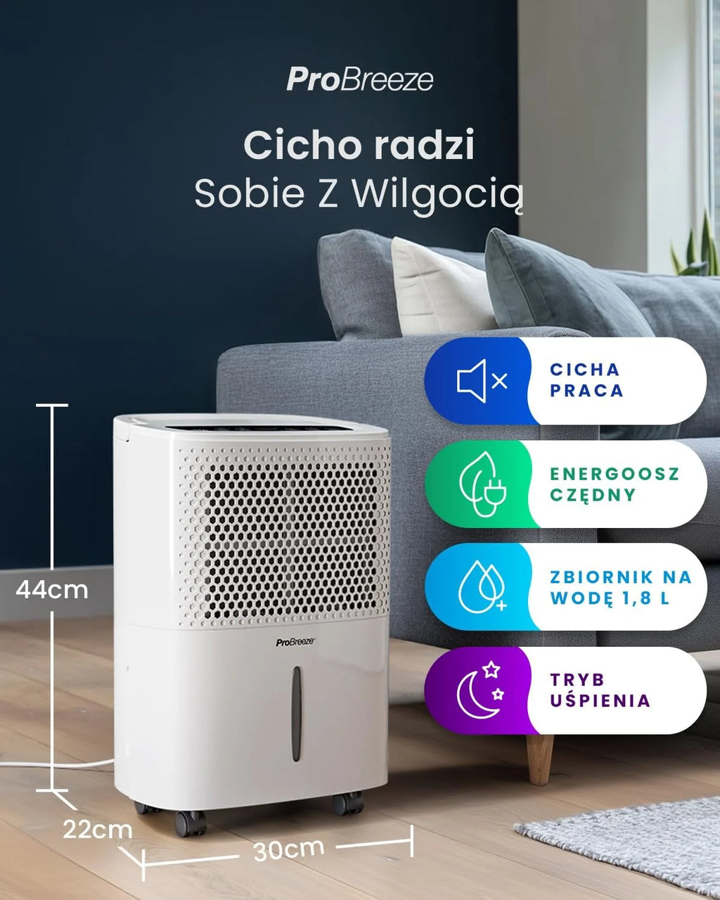 Pro Breeze Osuszacz Powietrza, Elektryczny Pochłaniacz Wilgoci Pleśni Kondensacji, Cichy Odwilżacz do Domu Łazienki Garażu Przyczepy Kempingowej, dla Dzieci Niemowląt, 24h Timer, Duży 1,8l Zbiornik