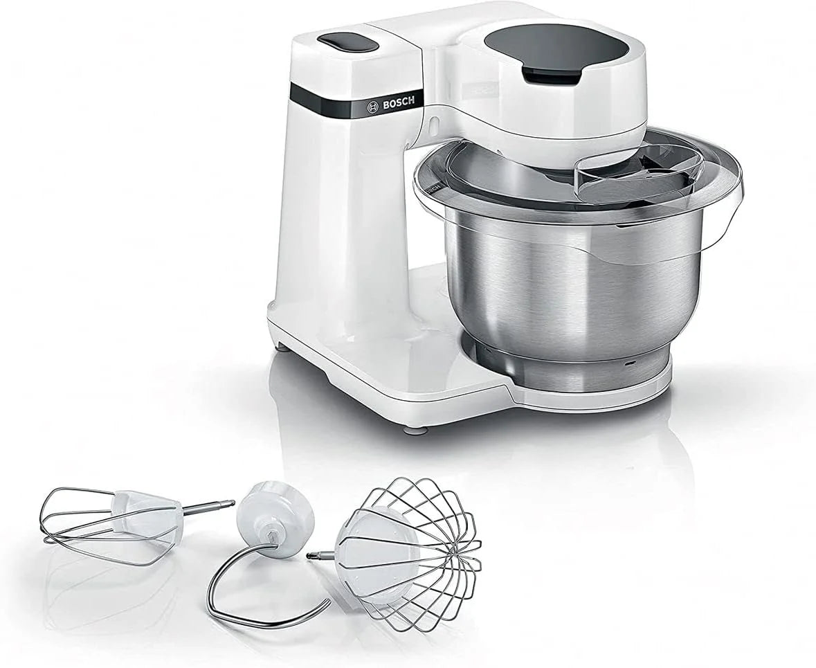 Bosch MUM2 wielofunkcyjny robot kuchenny, 700 W, maszynka do ubijania i wyrabiania ciast, mikser planetarny, hak do ciasta, duża misa ze stali nierdzewnej 3,8l z pokrywą, kolor biały, MUMS2EW00