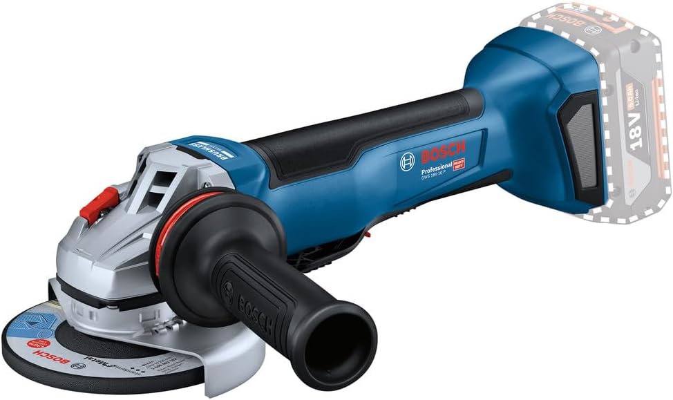 Bosch Professional system 18V: akumulatorowa szlifierka kątowa GWS 18V-10 P (silnik bezszczotkowy, wydajność szlifierki sieciowej 1 000 W, KickBack Control, PROtection switch, walizka L-BOXX)