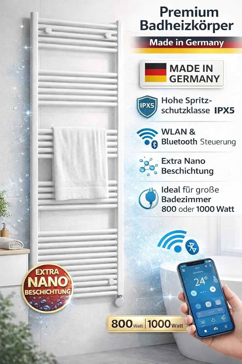 anapont Elektryczny grzejnik łazienkowy 1175 x 600 cm, aplikacja WiFi, biały, prosty, funkcja timera, grzejnik na ręczniki, wyprodukowano w Niemczech