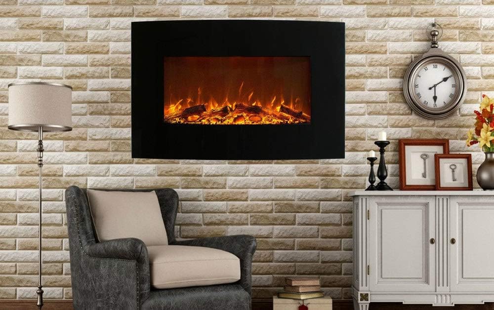 Elektryczny kominek ścienny z efektem płomieni LED, ogrzewający, czarny, 2000 W, 90 x 55 cm – pilot zdalnego sterowania – ogrzewanie 2000 W