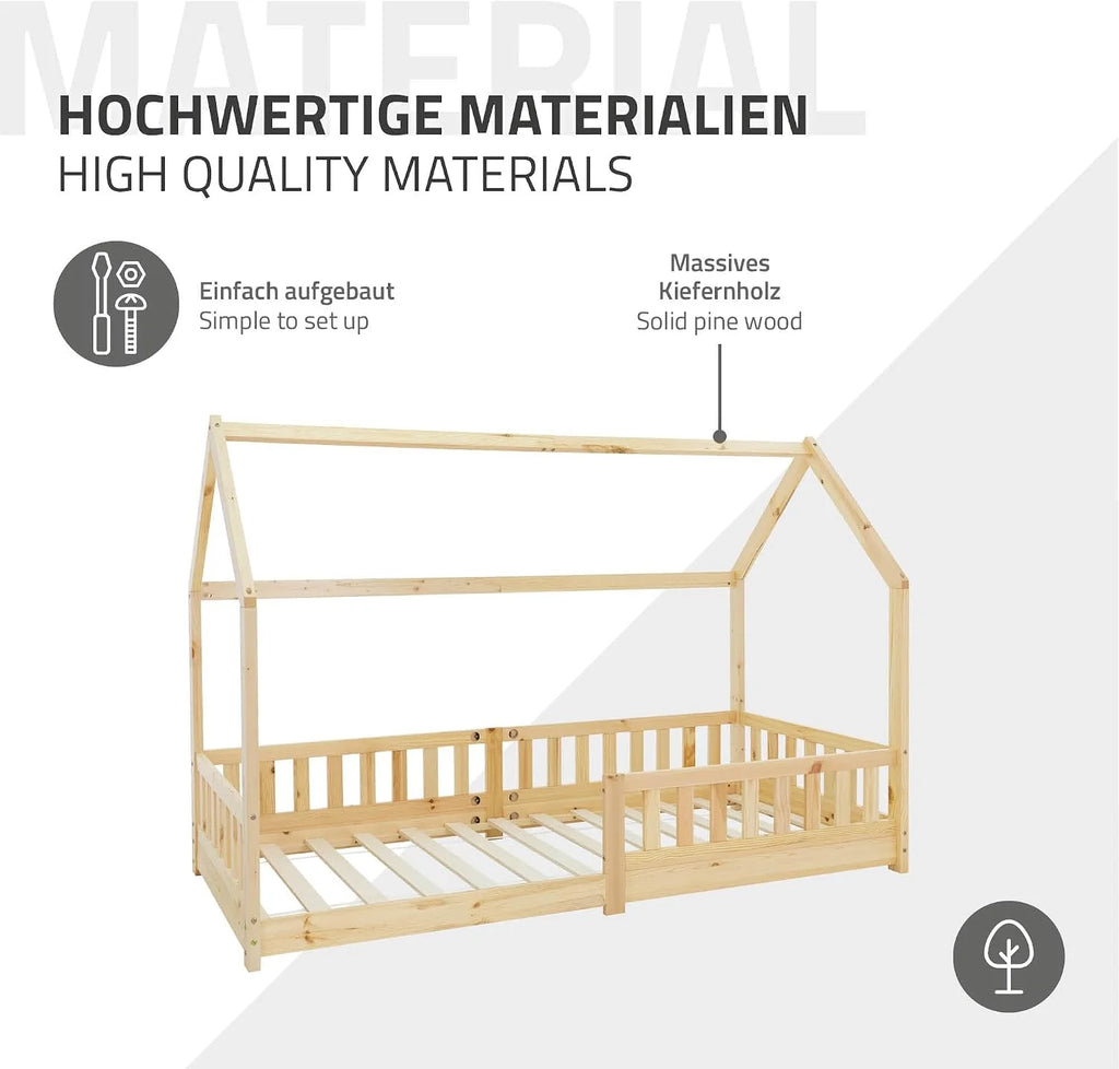 ML-Design lózko dzieciece 90x200 cm z zabezpieczeniem przed wypadaniem, dachem i stelazem listwowym, naturalne, lózko dzieciece z litego drewna, lózko domowe dla dziewczynek/chlopców, domek do spania