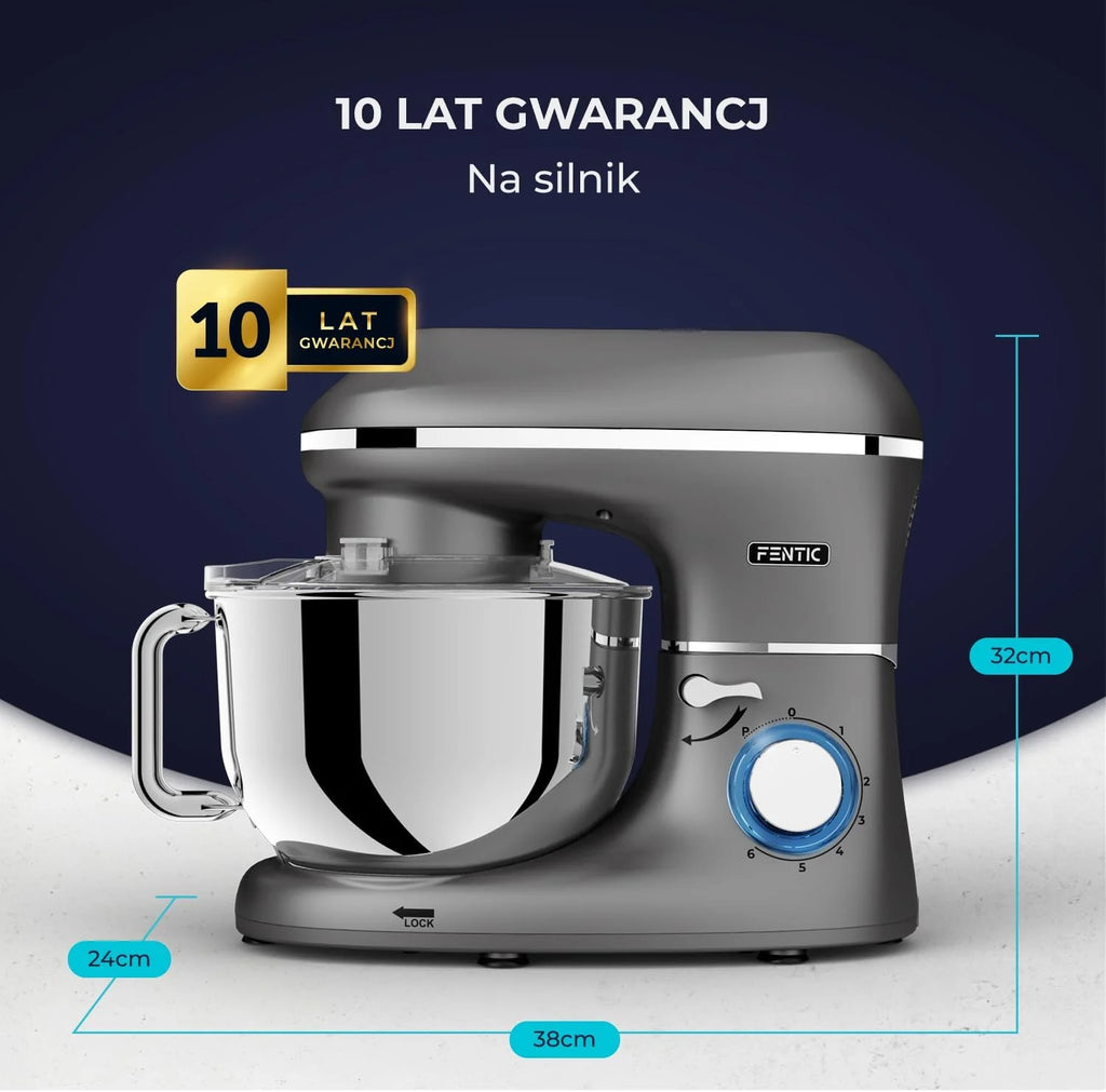 Robot kuchenny - 2000 W - miska do mieszania ze stali nierdzewnej (6,2 l) - mikser kuchenny z mieszania, hakiem do zagniatania, trzepaczką i ochroną przed pryskaniem - w zestawie