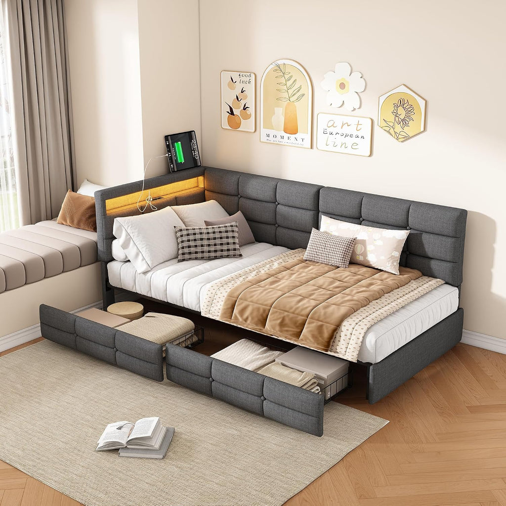 łóżko tapicerowane, 90 x 200 cm z gniazdami LED i USB, łóżko młodzieżowe ze stelażem z drewna i 2 szufladami, łóżko dziecięce, sofa do spania, łóżko dzienne, rama łóżka, len, kolor szary, bez