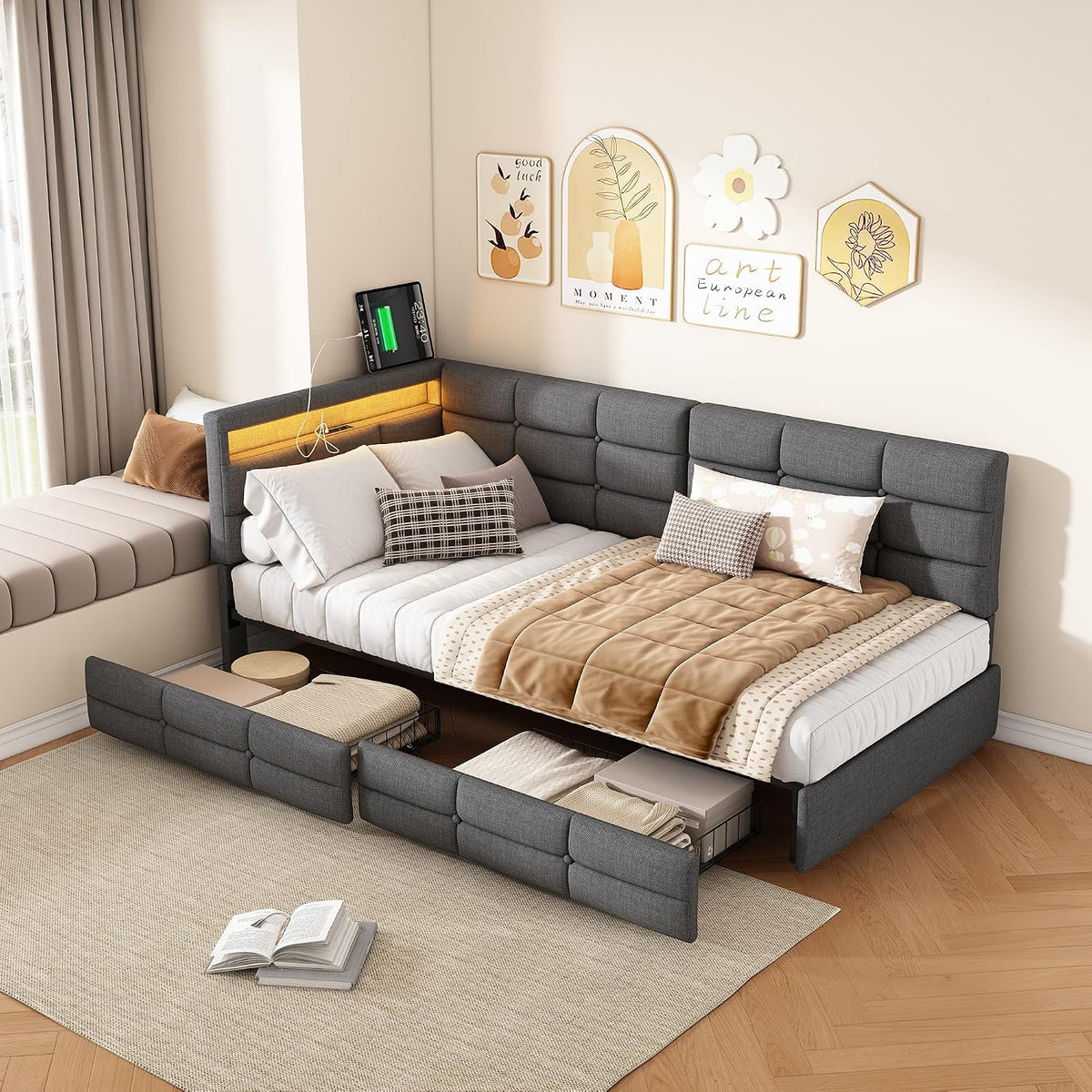 łóżko tapicerowane, 90 x 200 cm z gniazdami LED i USB, łóżko młodzieżowe ze stelażem z drewna i 2 szufladami, łóżko dziecięce, sofa do spania, łóżko dzienne, rama łóżka, len, kolor szary, bez