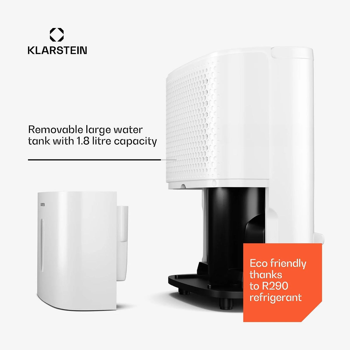 Osuszacz powietrza Klarstein DryFy 10L - 240 W, 10 l/dzień, zbiornik 1,8 l, cichy 42 dB, automatyczne osuszanie, timer, do domu, sypialni, łazienki, biały
