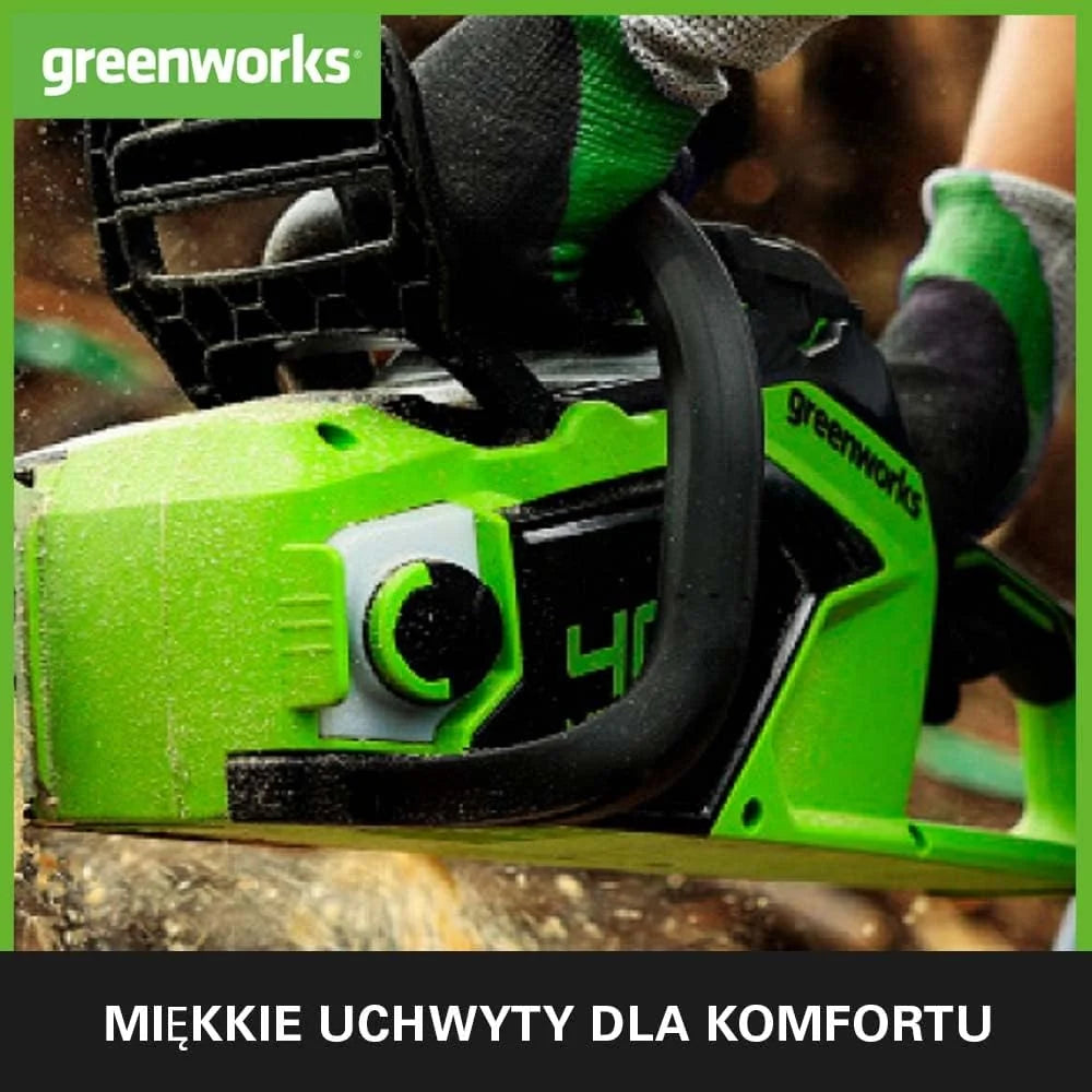 Greenworks GD40CS18K2X Akumulatorowa pilarka łańcuchowa z silnikiem bezszczotkowym, długość ostrza 40 cm, szybkość 20 m na s, 3,8 kg, olejarka, ochrona przed odrzutem, 2 baterie 40 V 2 Ah i ładowarka