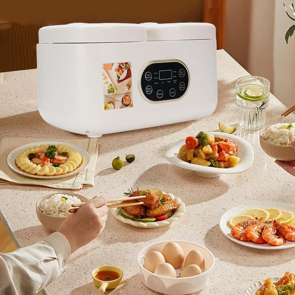 Cocoarm Podwójna Wolnowarowa Kuchenka do Gotowania Ryżu z 2 Wyjmowanymi Garnkami Ceramicznymi 2 L i L Wysuwanymi Pokrywkami Timer Utrzymujący Ciepło Wielofunkcyjny Serwer w Formie Bufetu na