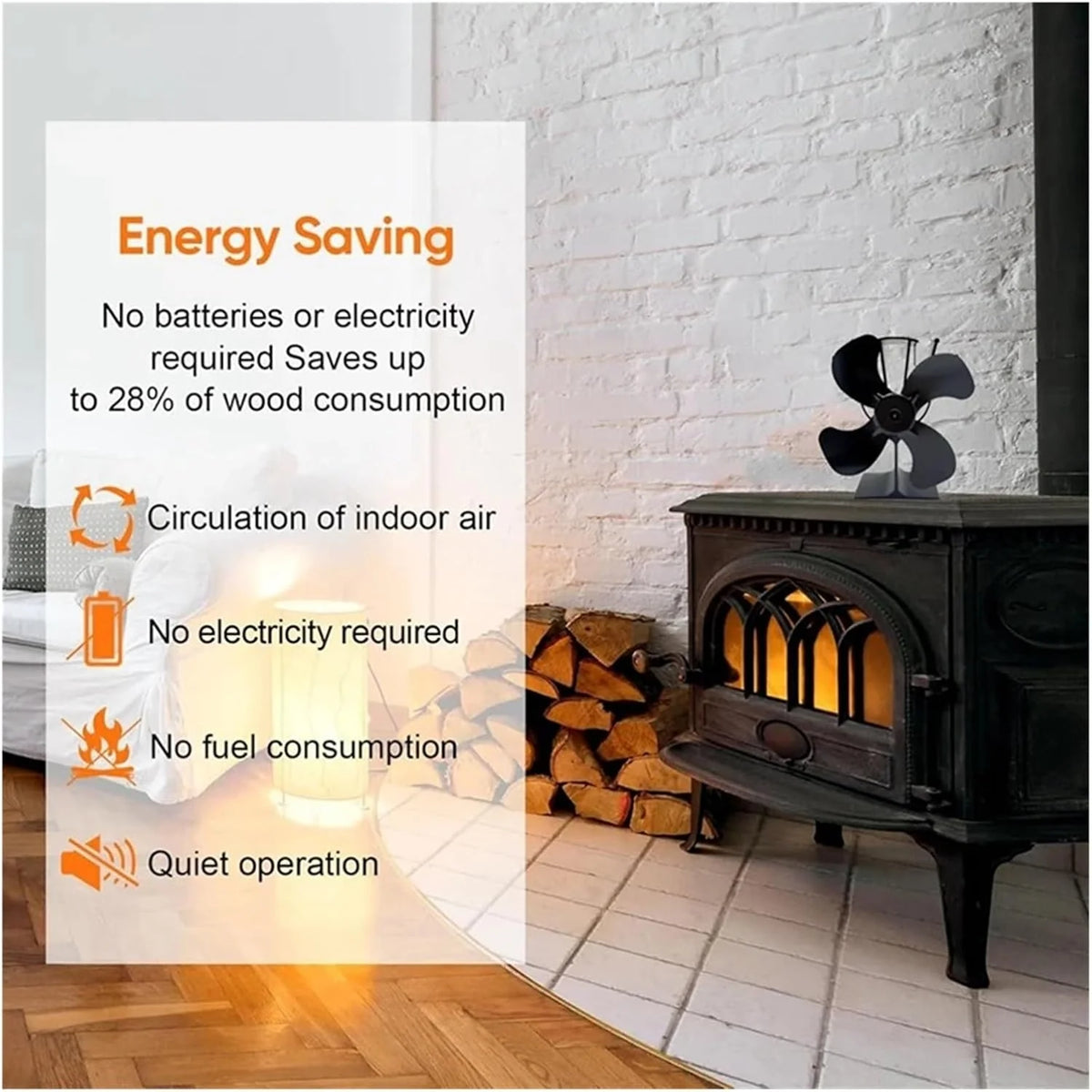 TOP Wentylator Kominkowy Do Pieca Na Drewno 4-łopatkowy Zasilany Ciepłem Drewno/drewno Cichy I Wydajny Rozprowadzający Ciepło Wydajna cyrkulacja powietrza