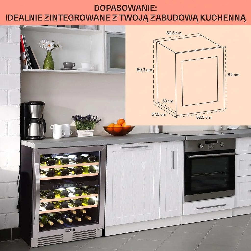 Klarstein Vinovilla chłodziarka do wina do zabudowy, dwustrefowa winiarka ze szklanymi drzwiami, 129 l, 4 wyjmowane drewniane półki, oświetlenie LED w 3 kolorach, cichy silnik 44 dB, 43 butelki