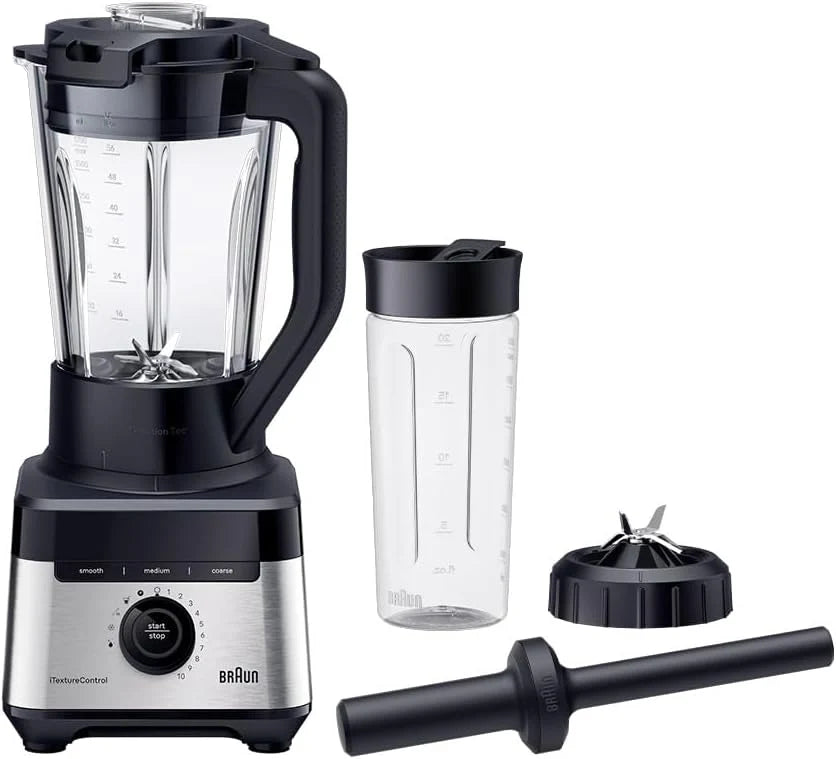 Braun Blender PowerBlend 7 JB7551BK szklany dzbanek 1,7 l, 10 prędkości + puls, automatyczne programy jedzenia, ostrze PrecisionCrush, program do czyszczenia, popychacz i butelka 600 ml, 1400 W