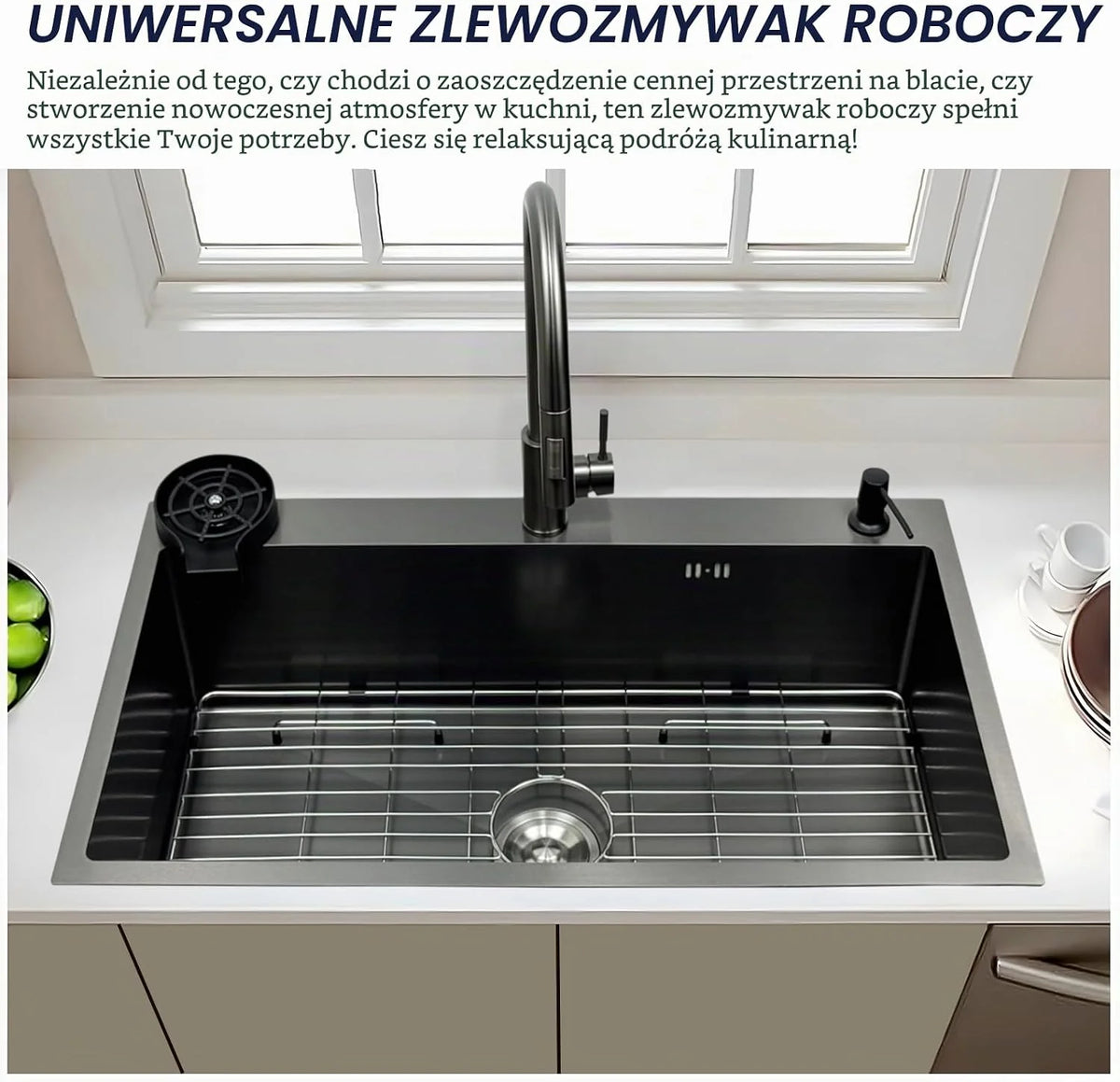 Zlewozmywak kuchenny 85 x 50 cm, stal nierdzewna, czarny, antracyt, 1 umywalka do zabudowy z zestawem armatury, zlewozmywak kuchenny z otworem na kran, ociekacz, zmywarka do szklanek, dozownik mydła