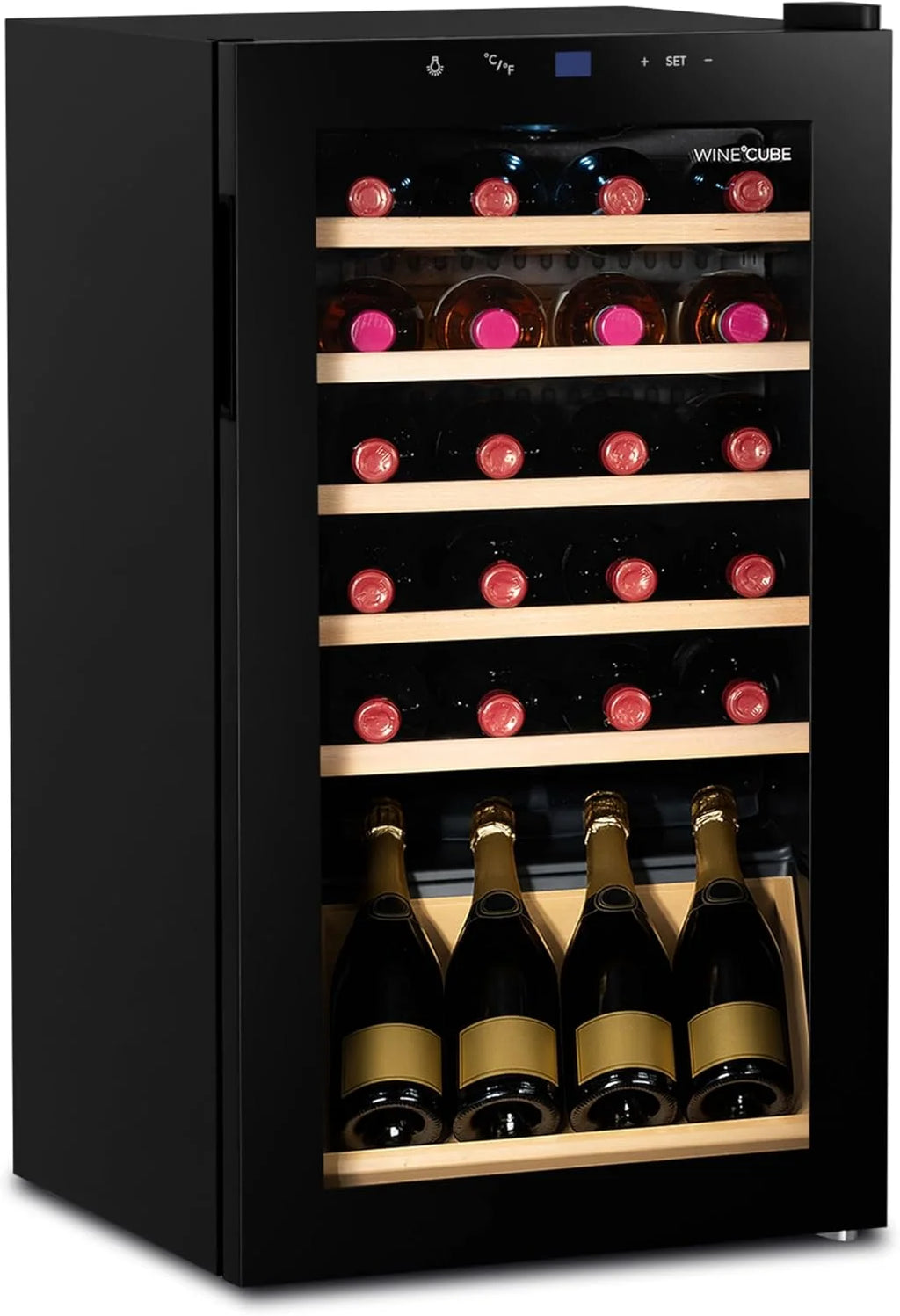 °CUBES Lodówka na wino, 28 butelek (90 l) z eleganckimi szklanymi drzwiami i wysokiej jakości półkami z drewna bukowego, 5-18°C, niski poziom wibracji i cicha (40 dB) | szafka na wino z wyświetlaczem