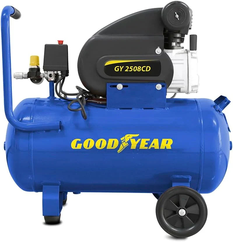Goodyear - Kompresor powietrza o pojemności 50 litrów, wydajność ssania 210 l/minutę, 2800 obr./min. Ciśnienie znamionowe 8 bar/115 PSI. Ochrona przed przeciążeniem. Regulator do dużych obciążeń.