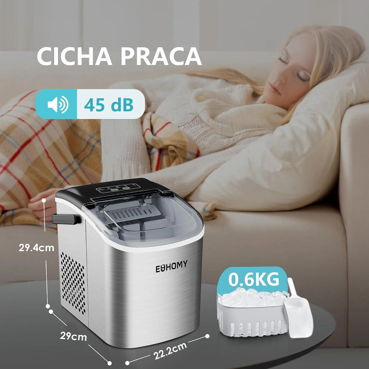 EUHOMY Kostkarka do lodu, 9 Kostek w 6 Minut, 12 kg/24 h, Maszyna do Kostek Lodu ze Stali Nierdzewnej z Przenośną Rękojeścią, Samoczyszczące Kompaktowe Maszyny do Lodu do Domu/Kuchni/Biura/Baru