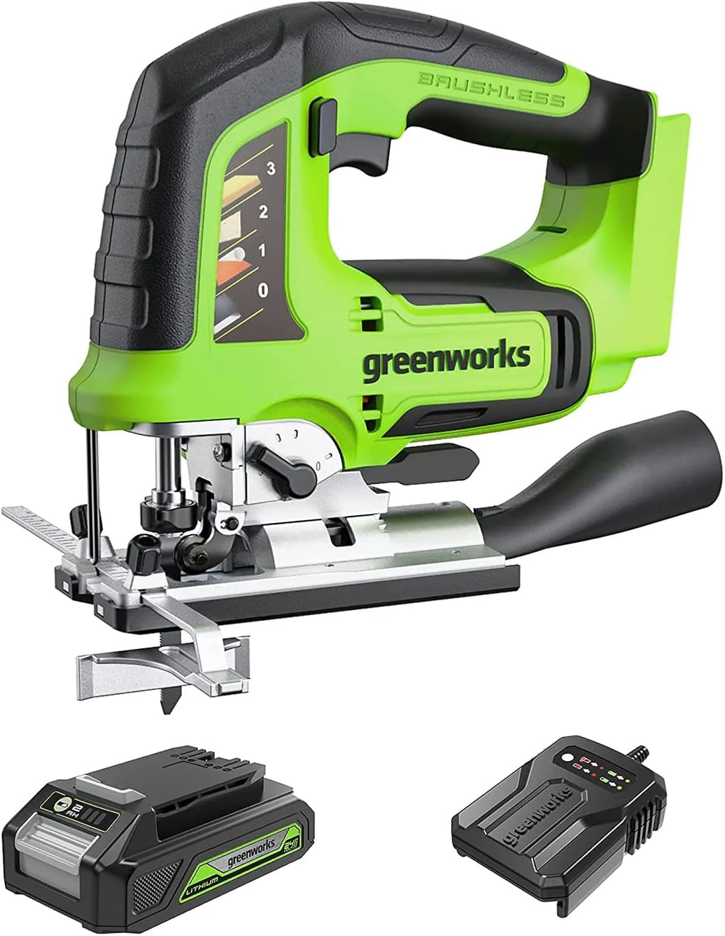 Greenworks GD24JSK2 Wyrzynarka Akumulatorowa z 2 Ostrzami, 3000 obr./min, Regulowana Podstawa do 45°, Przystawka Próżniowa PLUS 24V 2 Ah Bateria i Ładowarka