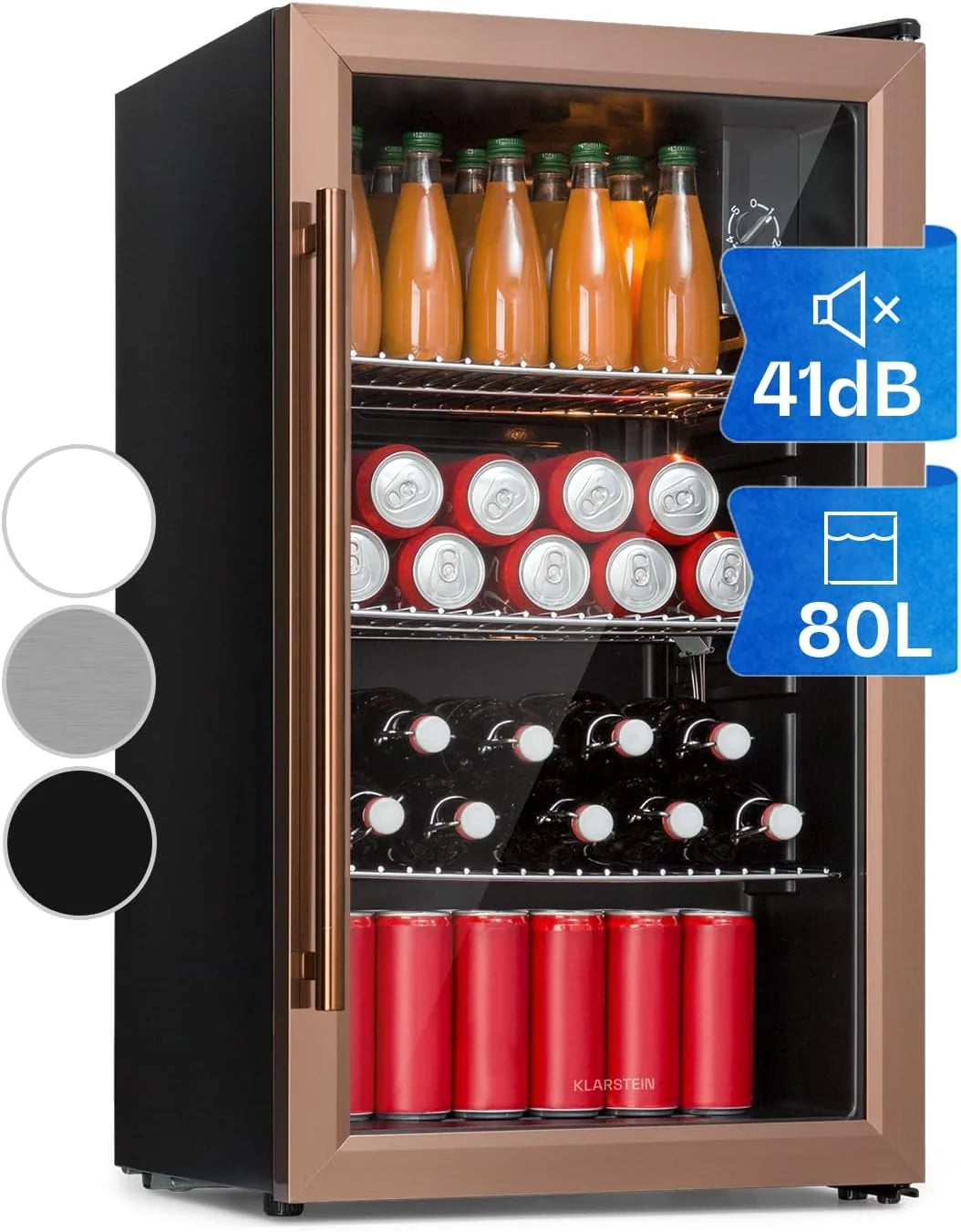 KLARSTEIN Beersafe Lodówka do piwa XXL, szklana mini lodówka do sypialni, cicha mała lodówka, chłodziarka do wina, do użytku wewnątrz i na zewnątrz, domowy bar, przechowywanie napojów, napojów
