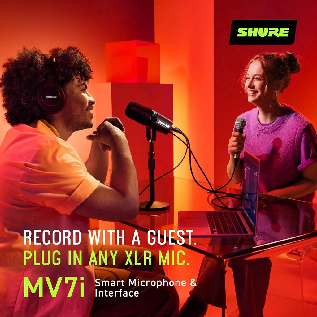 Shure Mikrofon MV7i Smart Podcast + Wbudowany Interfejs Audio – Zestaw Sprzętu z 2 Kanałami dla Podwójnych Mikrofonów XLR lub Mikrofon + Instrumenty XLR - Bezpośrednie Połączenie USB-C z PC/Telefonem