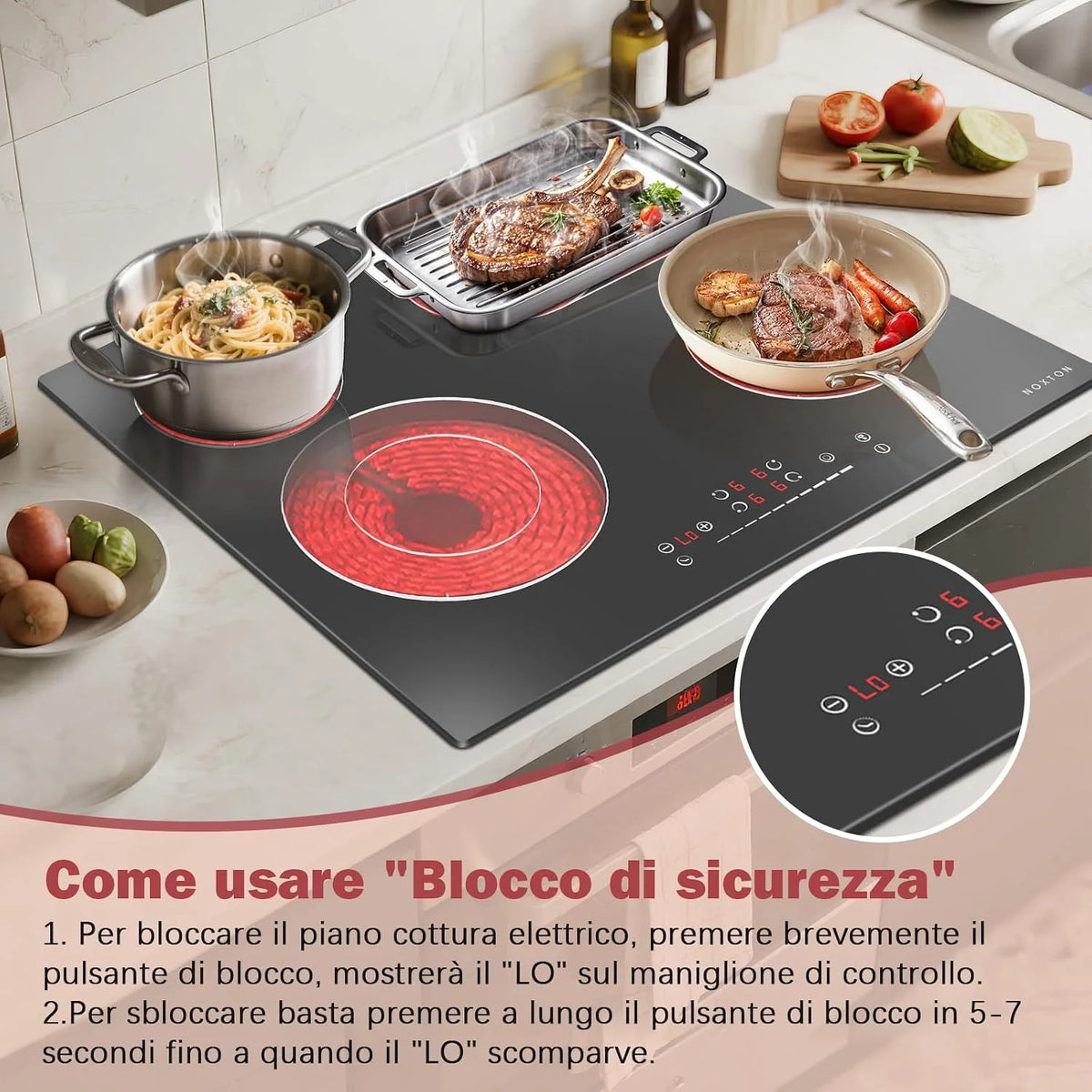 NOXTON Płyta grzewcza ze szkła ceramicznego, 4 płyty do zabudowy, płyta ceramiczna 60 cm, 6600 W