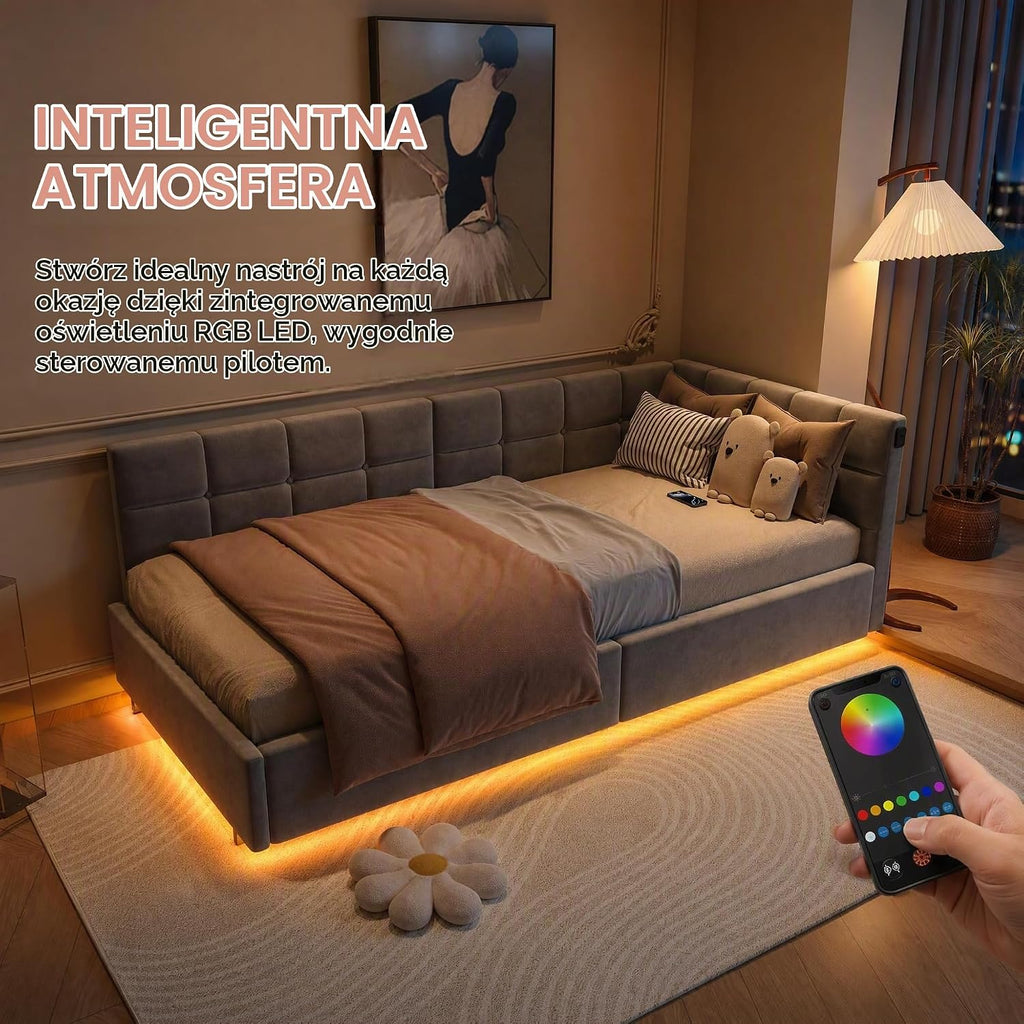 Łóżko z szufladą 90x200 z oświetleniem LED i USB, Łóżko dziecięce 90x200 z hydraulicznym schowkiem, Łóżko tapicerowane w kształcie L, Łóżko jednoosobowe z stelażem, Welur, Szary (bez materaca)