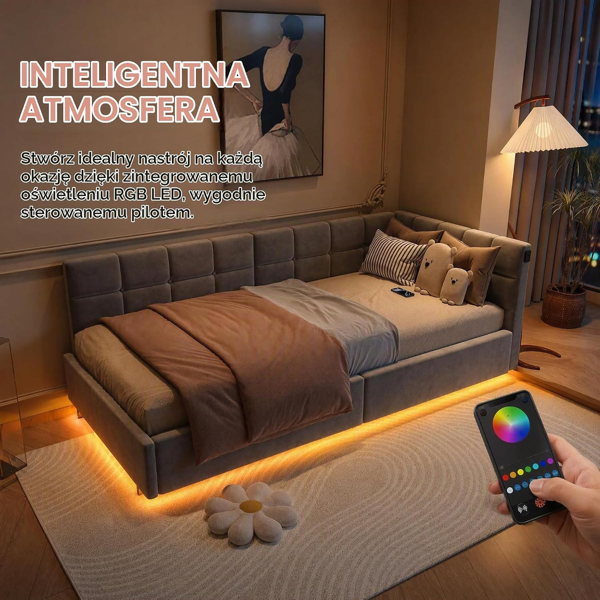 Łóżko z szufladą 90x200 z oświetleniem LED i USB, Łóżko dziecięce 90x200 z hydraulicznym schowkiem, Łóżko tapicerowane w kształcie L, Łóżko jednoosobowe z stelażem, Welur, Szary (bez materaca)