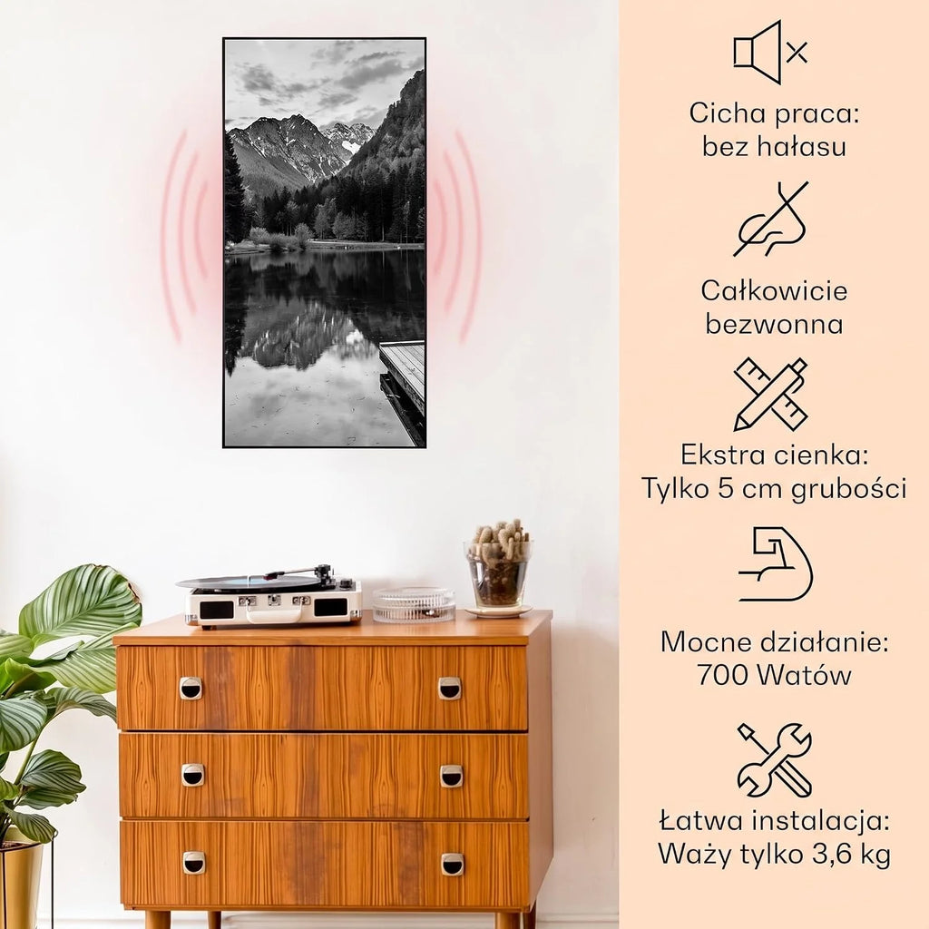 Klarstein Ogrzewanie na podczerwień z termostatem, 700W grzejnik elektryczny, Ogrzewanie z grafiką do montażu ściennego, IR ze sterowaniem IoT/WiFi, Płaski grzejnik do pomieszczeń wilgotnych, bez CO2