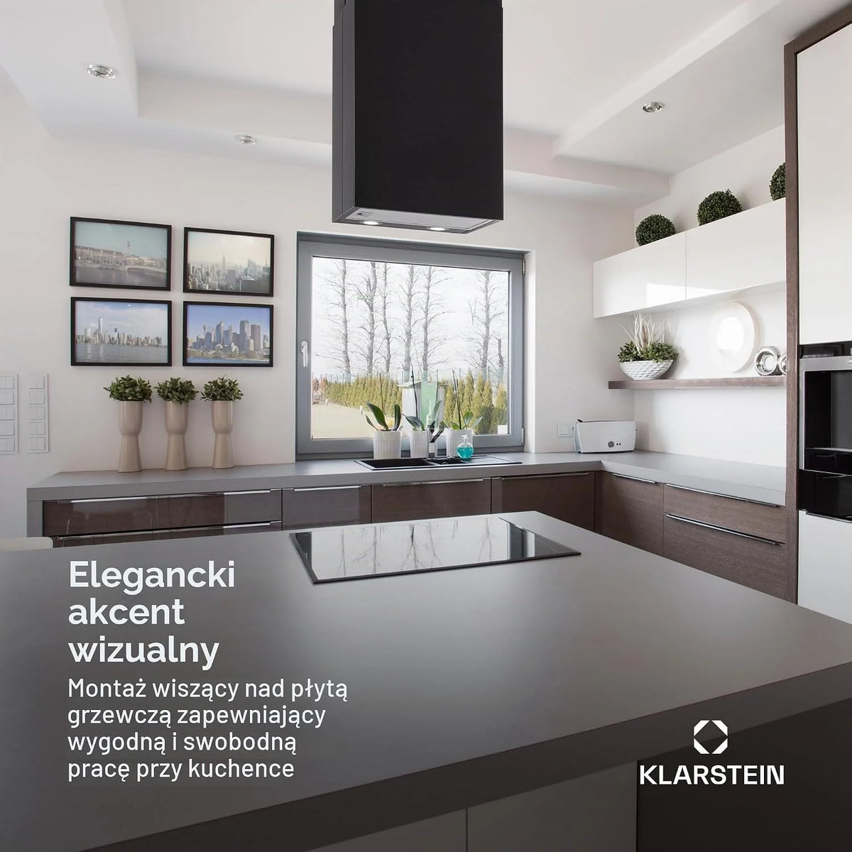 Klarstein Okap kuchenny, Okap wyspowy wiszący, wyciągowy/z recyrkulacją, Nowoczesny z 3 biegami, Timer, Przepływ 624 m³/h, Filtr węglowy, Wydajny wyspowy, Czarny