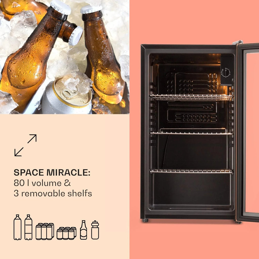 KLARSTEIN Beersafe Lodówka do piwa XXL, szklana mini lodówka do sypialni, cicha mała lodówka, chłodziarka do wina, do użytku wewnątrz i na zewnątrz, domowy bar, przechowywanie napojów, napojów