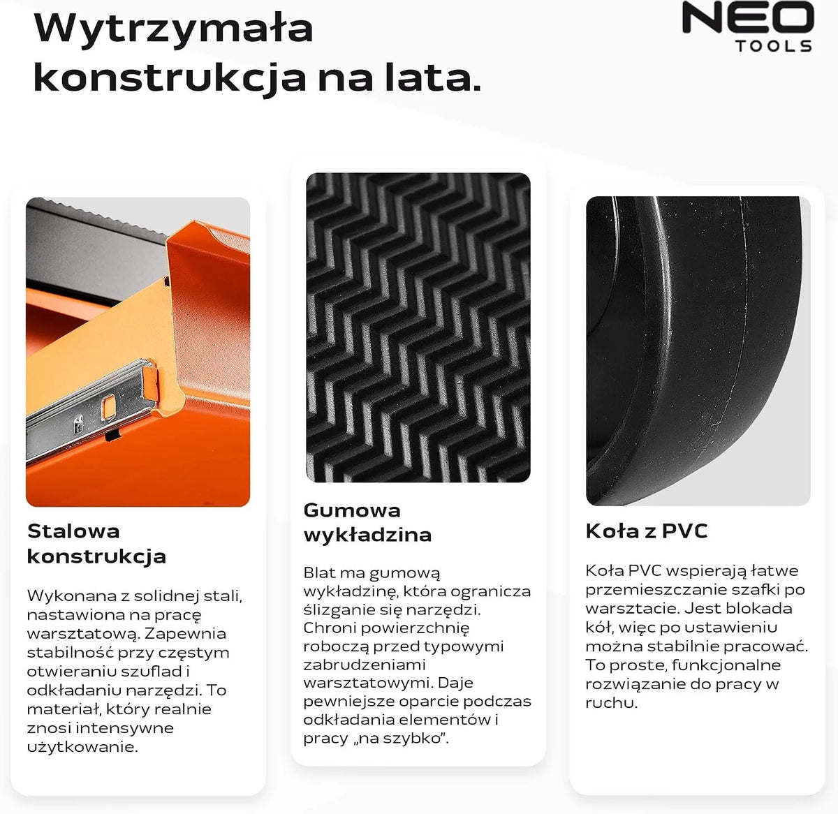 NEO TOOLS Wózek warsztatowy wypełniony narzędziami, 117-częściowy | 5 półek – szuflady z łożyskiem kulkowym – centralnie zamykany – mata antypoślizgowa – kółka obrotowe – hamulec postojowy – wózek