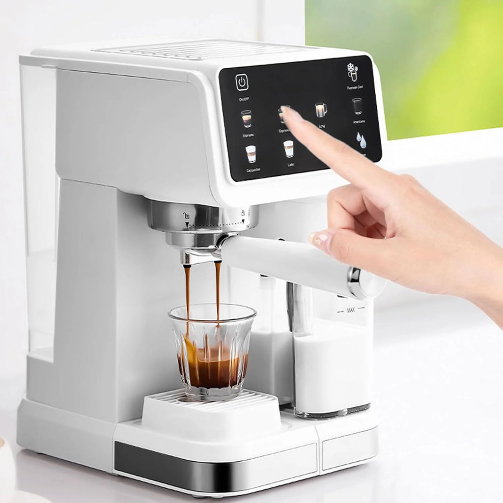 Greensen Kompaktowa Ekspres do Kawy, 20Bar Profesjonalne Ciśnienie z 6 Predefiniowanymi Trybami na Cappuccino Latte, Zbiornik na Wodę 1,5L Zbiornik na Mleko 500mL, Półautomatyczny Panel (wtyczka UE)