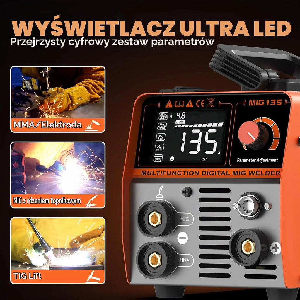 FEIFANKE MIG135 Spawarka bezgazowa 135A 220V Elektrody Synergia Spawarka 3 w 1 MIG/ARC/Lift TIG IGBT inwerter spawalnicza z drutem 1,0 mm, pistolet spawalniczy MIG